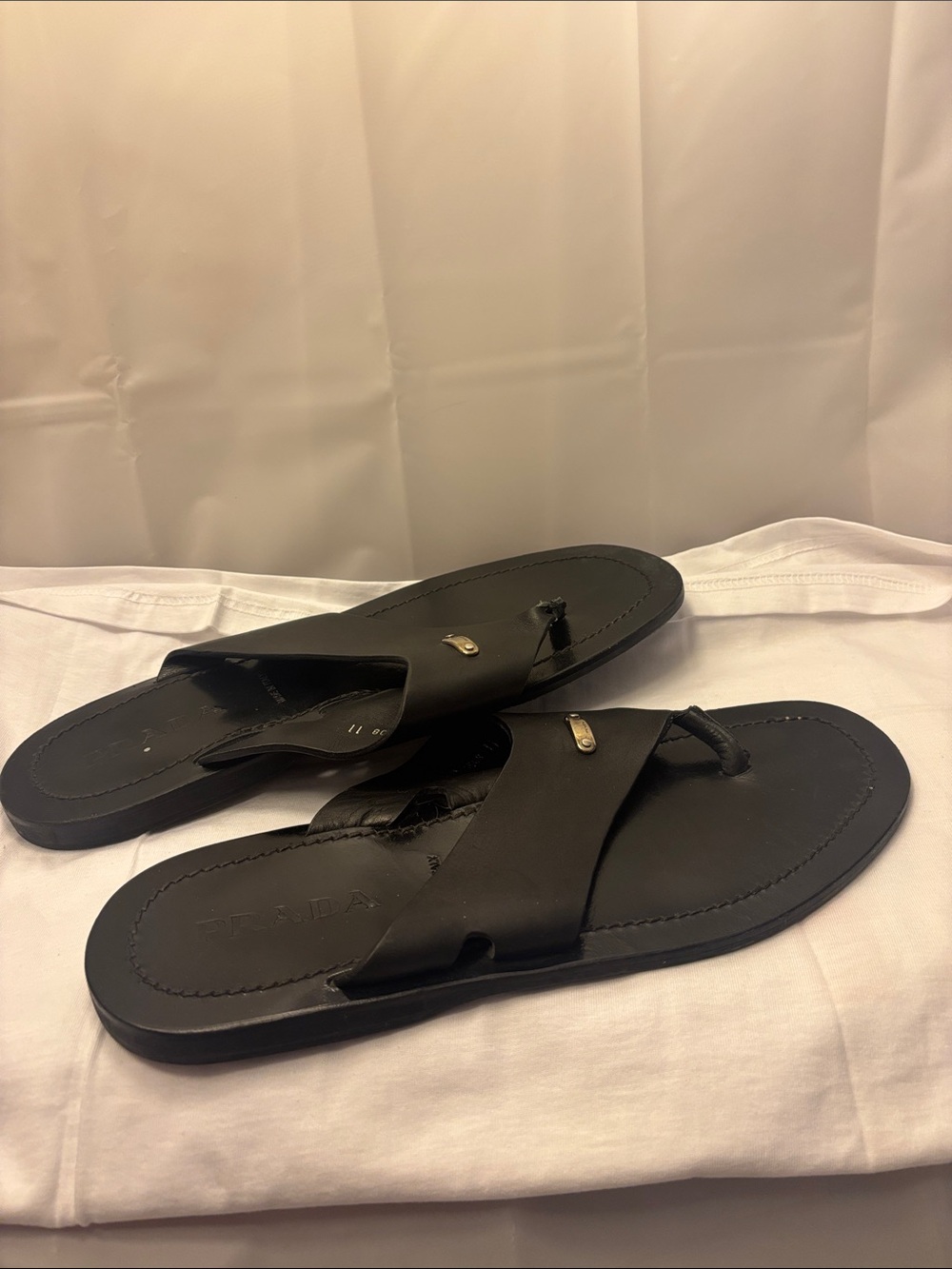 Prada Black Leather men Toe-Post Slide Sandals with silver Accent